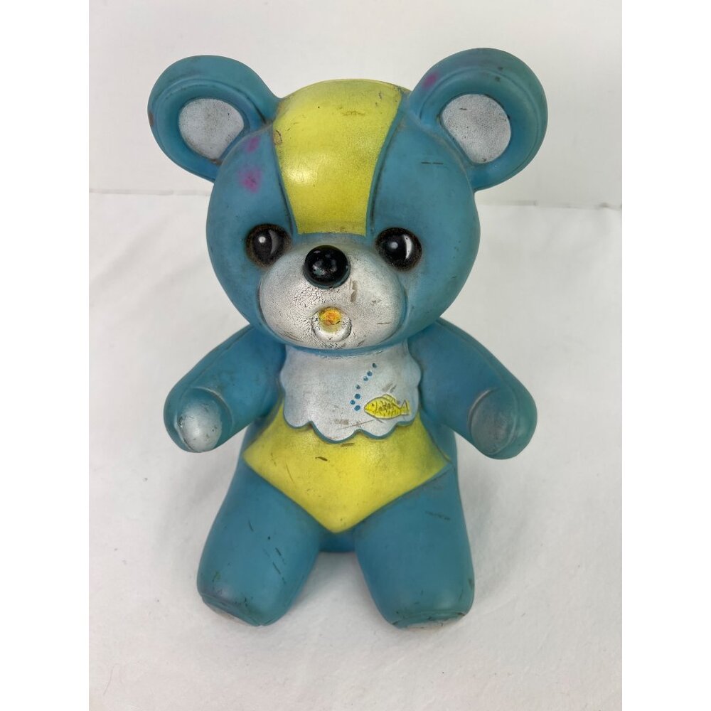 VTG Rubber Bear Squeak Toy Blue Yellow Fish Bib Taiwan Made Collectible Retro De